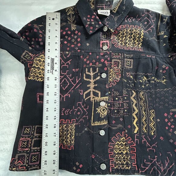Chico's Design Womens Aztec Print Beaded Jean Jacket Size 2 Black Button Front - Picture 7 of 7